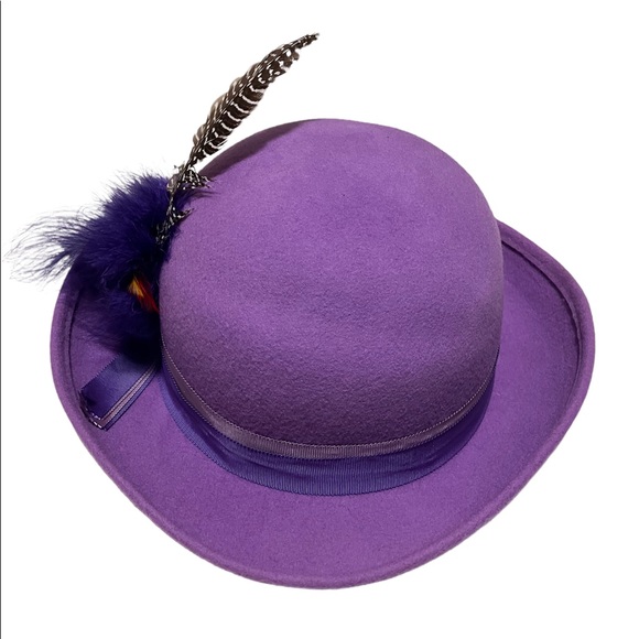 Vintage Purple Wool Hat with Feathers Geo. W. Bollman & Co Doeskin Felt - Picture 4 of 12